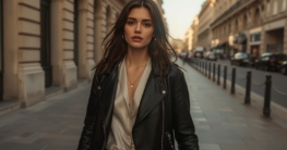 Frau in eleganter schwarzer Lederjacke über Seidenbluse auf einem Boulevard