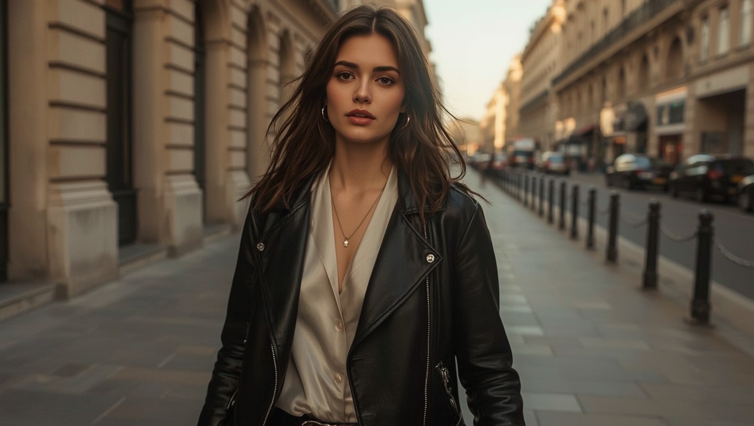 Frau in eleganter schwarzer Lederjacke über Seidenbluse auf einem Boulevard