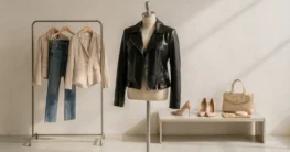 Schwarze Damen-Lederjacke auf einem Kleiderständer neben Bluse, Jeans und Pumps in einer Boutique